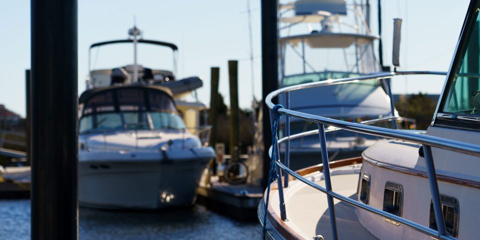 Boats moored in a marina on the coast of North Carolina