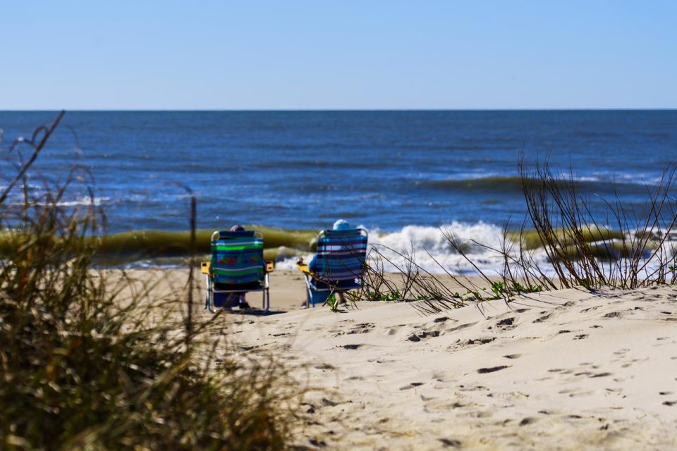Two people in beach chairs relax on a North Carolina beach