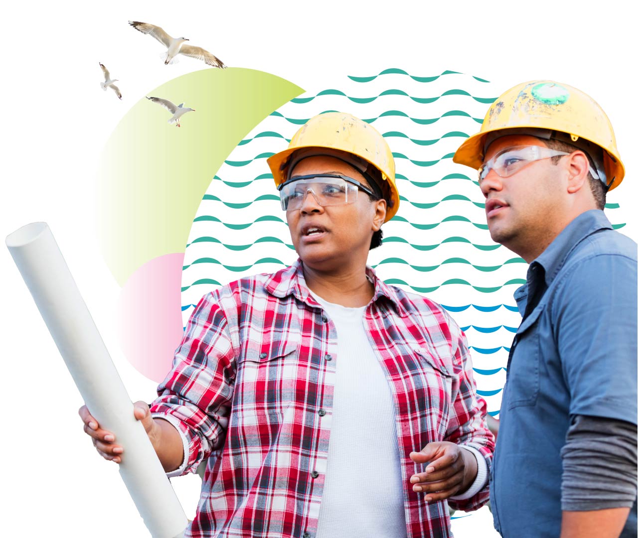 Two project employees wearing hardhats and looking into the distance