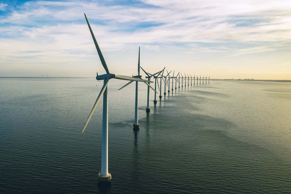 Offshore wind farm producing renewable energy with wind turbines off the coast of North Carolina